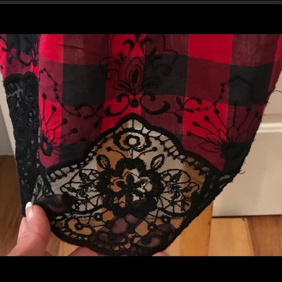Checkered Red & Black Lace Hem strapless Dress M - Picture 6 of 7